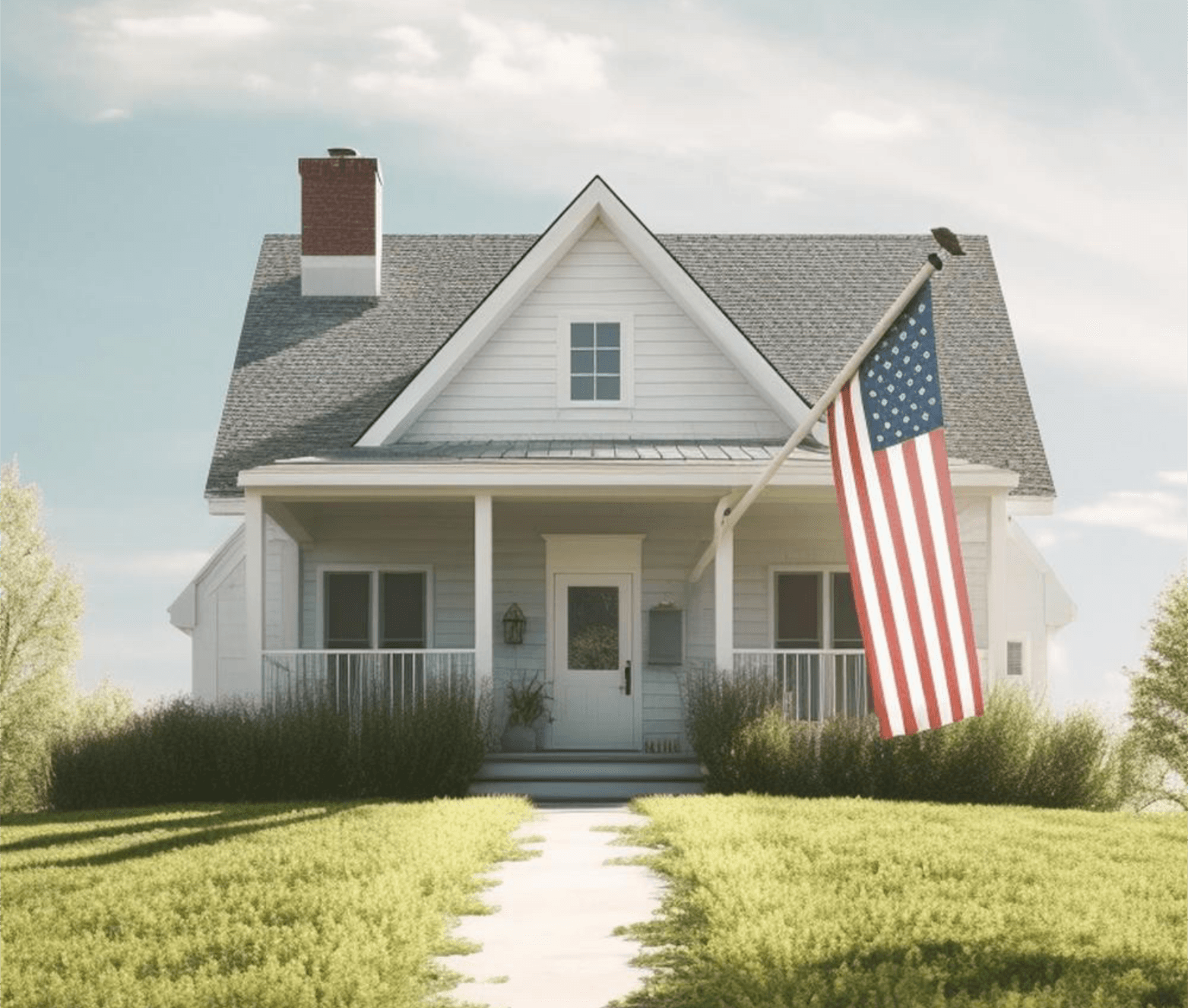 A white, two-story house with a front porch and a steep gabled roof, featuring a large American flag mounted on a pole by the porch. The house is surrounded by green grass and shrubs, with a clear sky in the background.